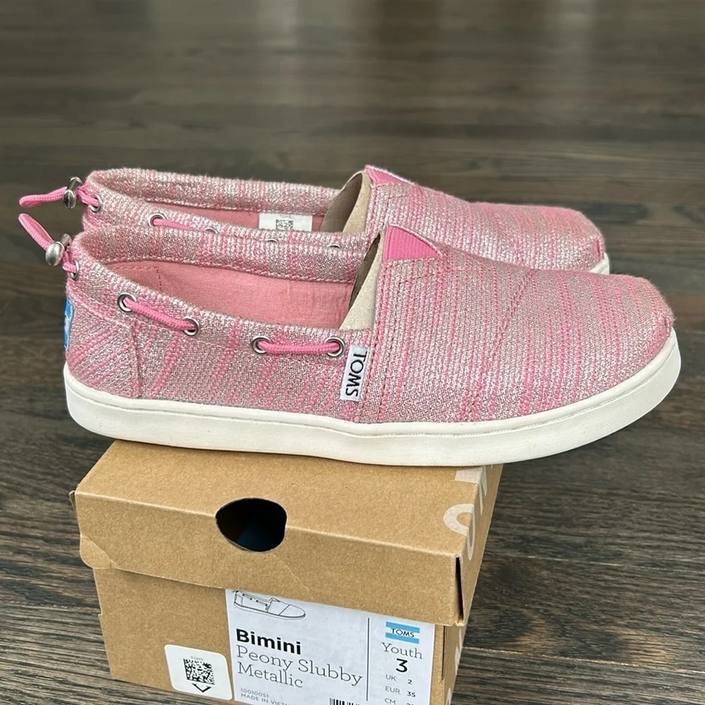 TOMS Bimini Peony Slubby Metallic Pink YOUTH 3 Girls Glam/Shimmery/ Glitter Boat